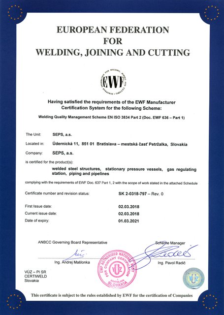 Certifikát kvality ve svařování EN ISO 3834-2