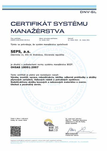 Certifikát OHSAS 18001